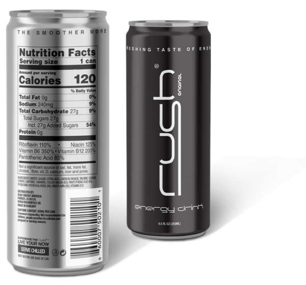 Rush Energy Drink can front and back